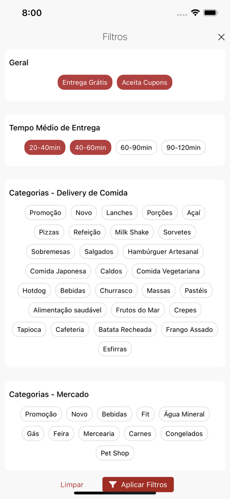 Plus Delivery - A screen showing search filters for the Plus Delivery app with options for free delivery coupons delivery time and various food and grocery categories