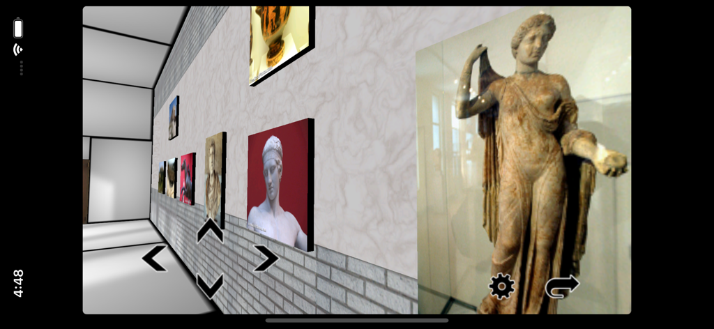 3D Gallery - A virtual 3D gallery interface showing classical art on the walls and navigation controls