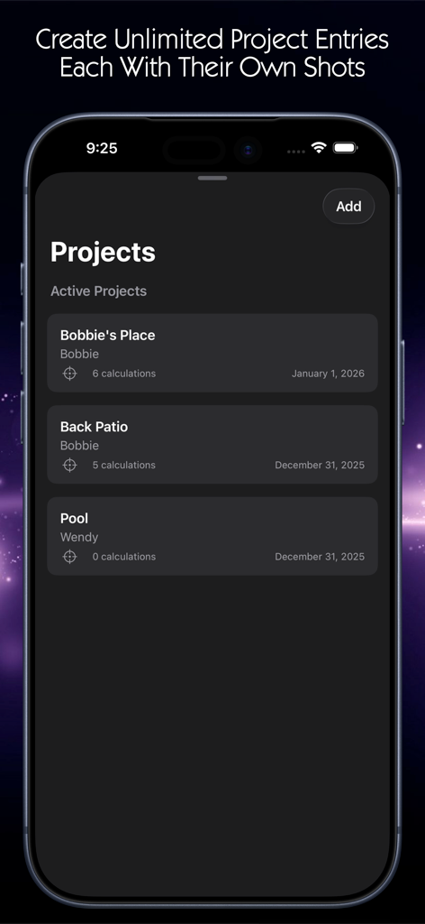 The Projects screen of the Slope Calculator app showing organized project entries for surveying and engineering tasks