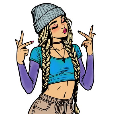 realistic teenage girl with braids and a beanie and crop top doing 🫶🏼