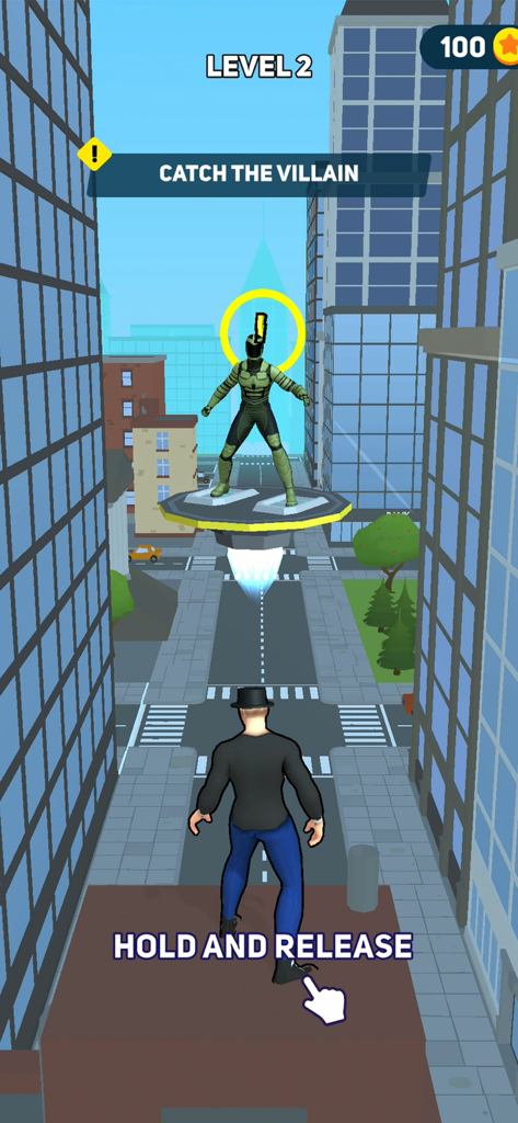 Hero adventure: catch enemies - Third-person gameplay view of a hero character preparing to catch a green villain on a flying platform in a city setting.