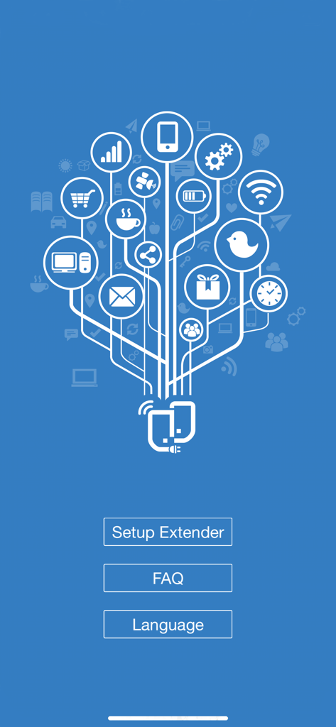 ASUS Extender - Main screen of the ASUS Extender app featuring a connectivity graphic and buttons for Setup Extender, FAQ, and Language settings.