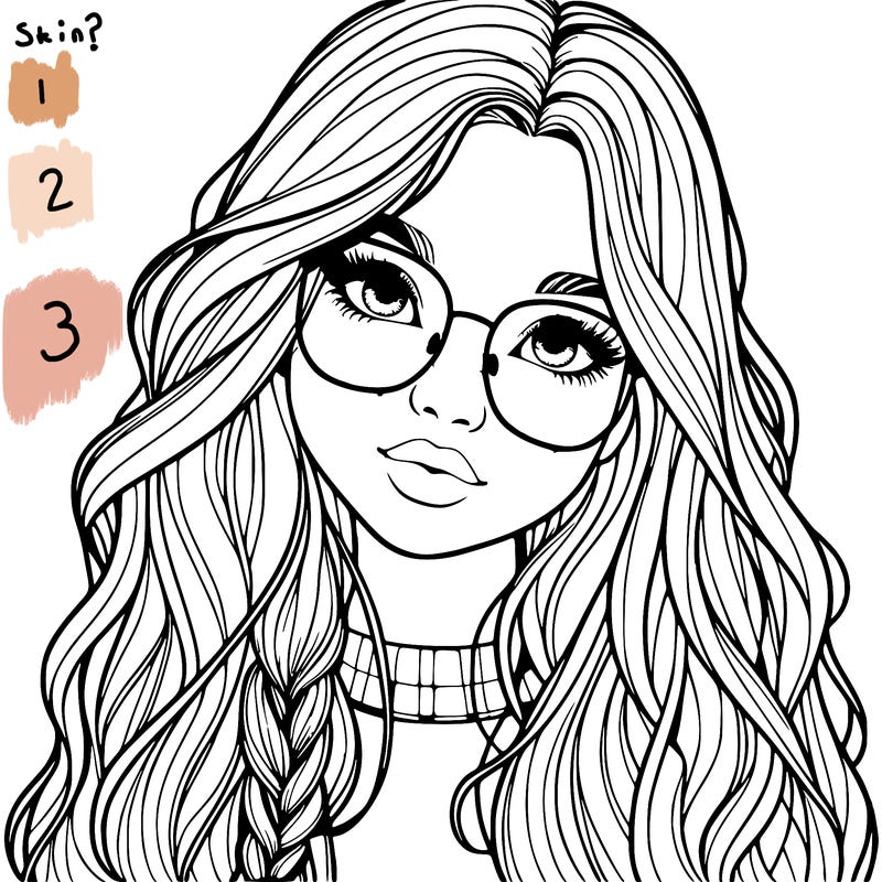 girl with long hair and freckles and glasses realistic