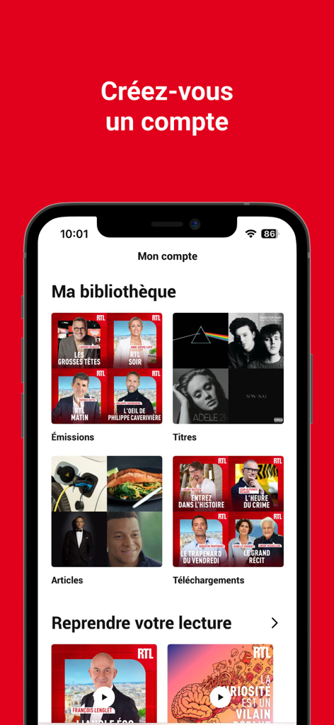 RTL radio app screen showing the personalized user library with shows and podcasts