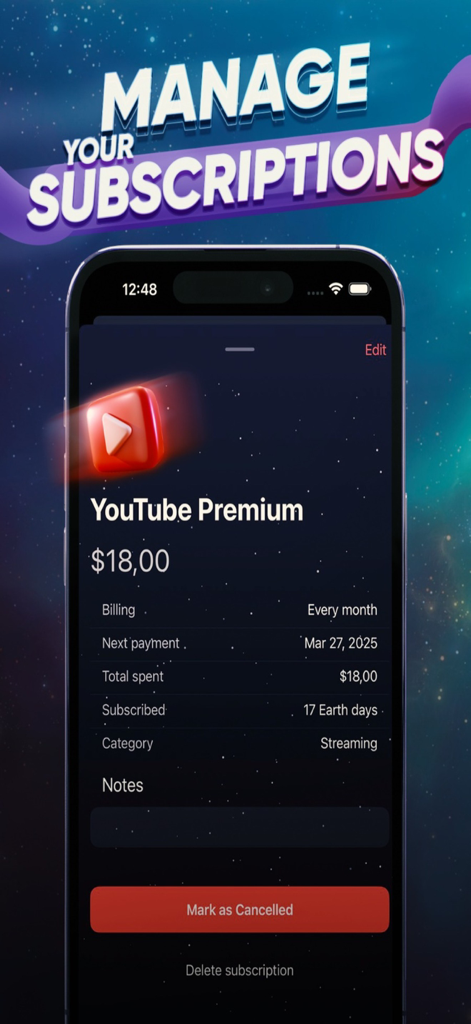 Rocket - Subscription Tracker - Screenshot of Rocket app showing YouTube Premium subscription details with options to manage or cancel