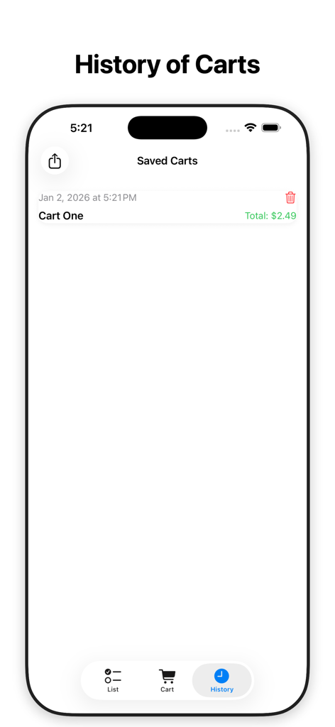 USmartCart - Pantalla móvil que muestra el historial de carritos de compras guardados de USmartCart con costos totales y fechas.