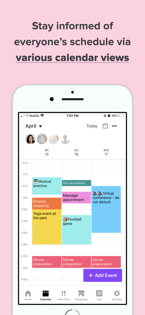 Family Daily: Family Organizer - Smartphone screen showing a color-coded shared family calendar in the Family Daily organizer app.