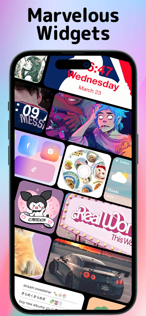 LockWidget: Lock Screen,Themes - Showcase of various aesthetic home screen widgets on an iPhone including illustrations and social icons
