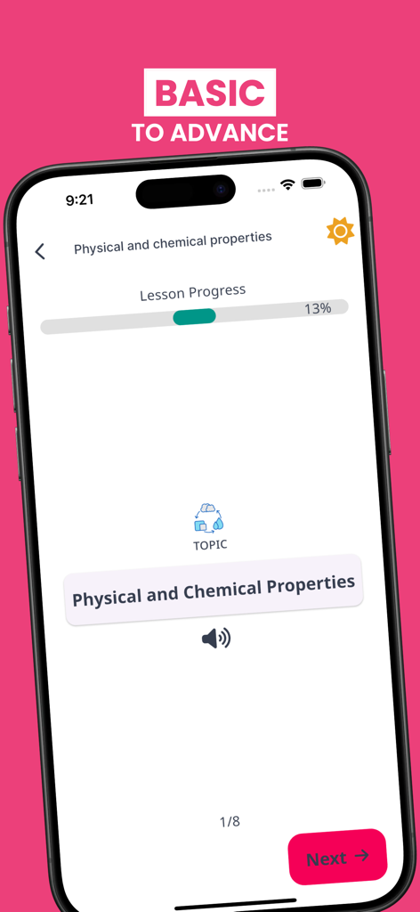 Learn Everyday Science! - Una interfaz de aplicación móvil que muestra una lección sobre propiedades físicas y químicas