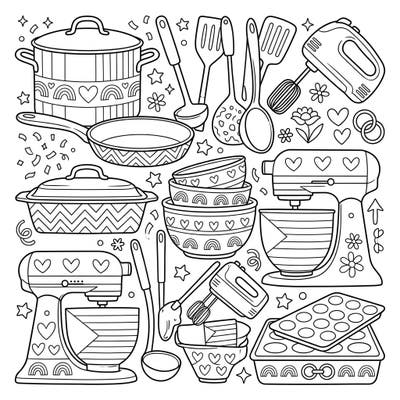 Get ready to add a splash of color to your kitchen essentials with this charming coloring page, celebrating Pride Month! Explore a variety of cookware and bakeware adorned with symbols of love and joy, perfect for creative expression.