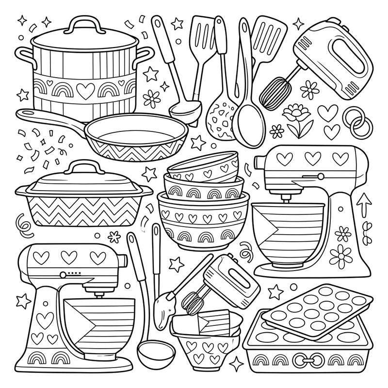 Get ready to add a splash of color to your kitchen essentials with this charming coloring page, celebrating Pride Month! Explore a variety of cookware and bakeware adorned with symbols of love and joy, perfect for creative expression.