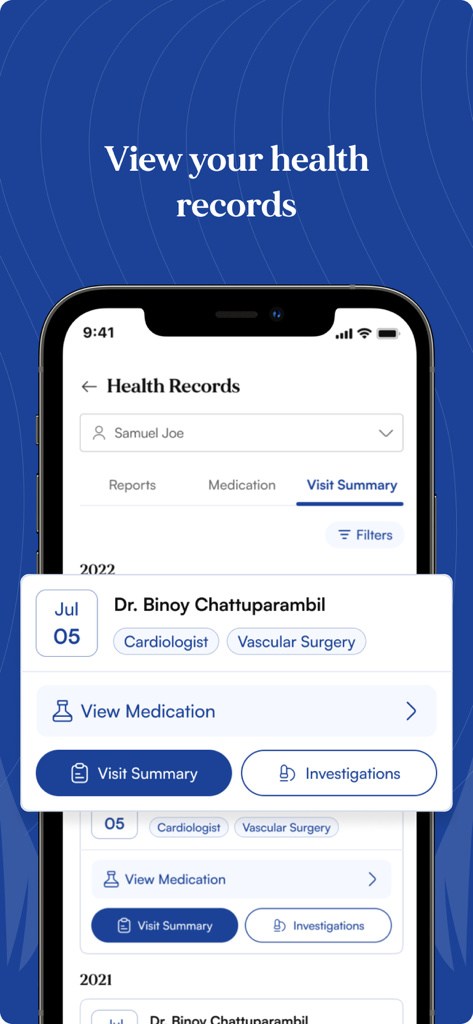 HCCI Connect– Consult a Doctor - A smartphone screen showing the HCCI Connect app's health records section with visit summaries and medication details