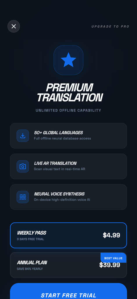 Pantalla de suscripción premium de la aplicación Translator AI mostrando planes de precios semanales y anuales con funciones sin conexión.