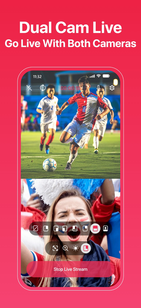 Screen Recorder - Dual Cam - iPhone app screen showing dual camera live recording with a soccer match and a reaction face-cam