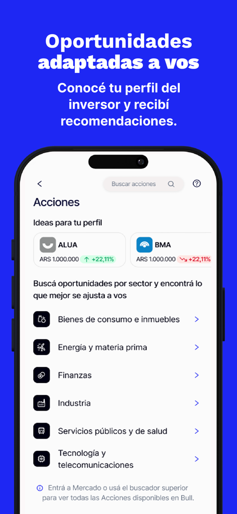 Bull Market - Bull Market app interface showing personalized investment recommendations and market sectors