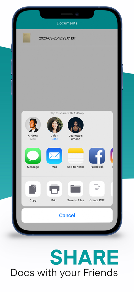 QR Code Scanner & QR Reader - The QR Code Scanner app interface showing options to share scanned documents via AirDrop, Email, and Message.