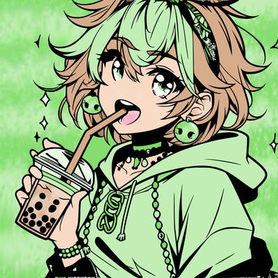hot baddie anime girl drinking boba and biting the straw