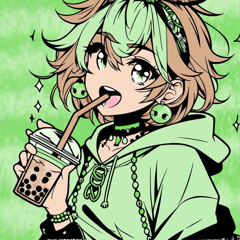 hot baddie anime girl drinking boba and biting the straw