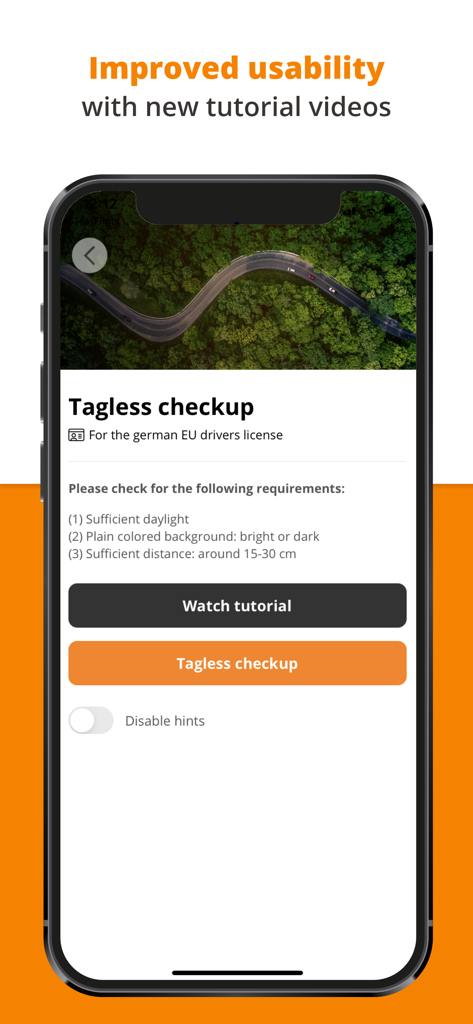 DriversCheck - DriversCheck app screen showing the tagless checkup feature and tutorial video option