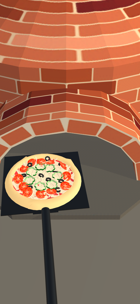Pizzaiolo! - Una pizza colorata che viene inserita in un forno a mattoni per la cottura nel gioco mobile Pizzaiolo.