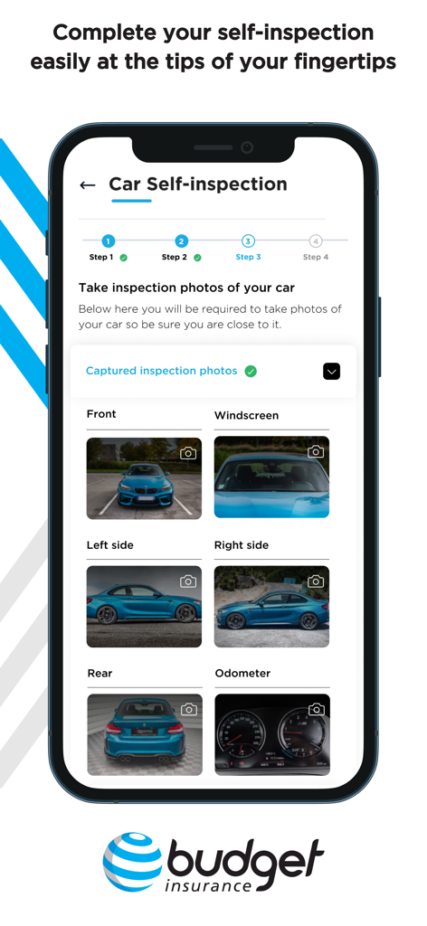 Tela do aplicativo Budget Insurance mostrando o processo de autoinspeção do carro com seções de upload de fotos para o para-brisa dianteiro, lateral e odômetro