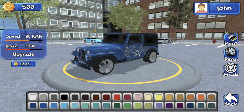 Écran de personnalisation de voiture dans l'application World Wise montrant un jeep bleu sur une plateforme avec des options de mise à niveau de peinture et de jante