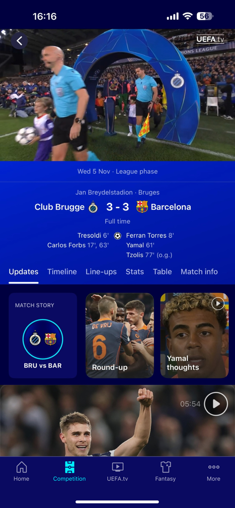 Official UEFA Champions League app interface showing a 3-3 match result between Club Brugge and Barcelona with highlight videos