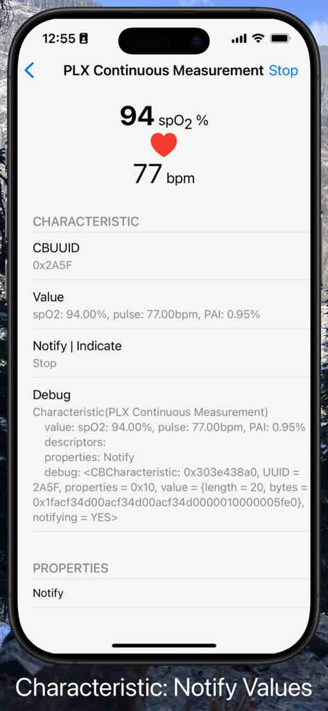 BluKit Workbench - BluKit Workbench app screen displaying real time Bluetooth notification data for spO2 and heart rate measurement