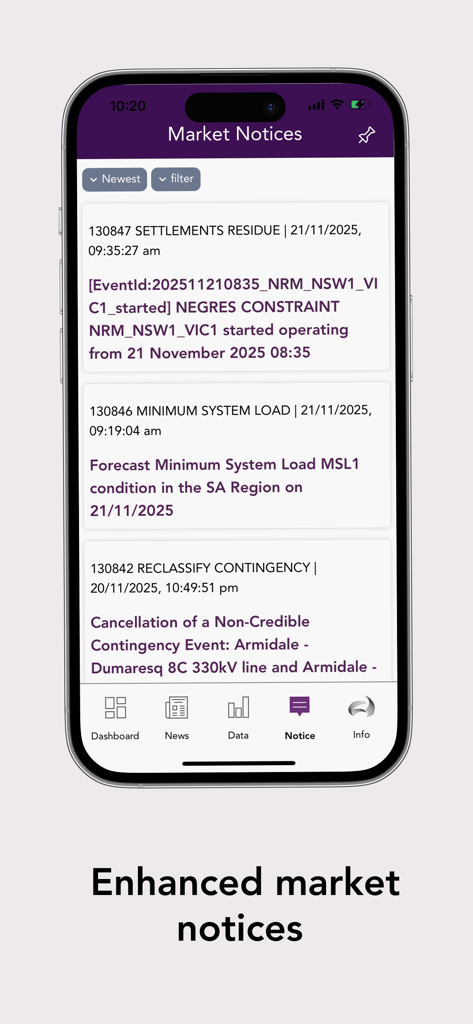 AEMO Energy Live - AEMO Energy Live app interface displaying enhanced market notices and energy system alerts