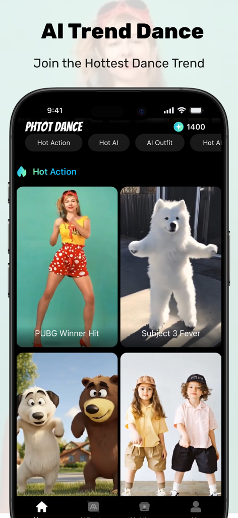 AI Twerking Video -Photo Dance - Mobile app interface showing AI-generated dance templates for photos including people pets and cartoon characters