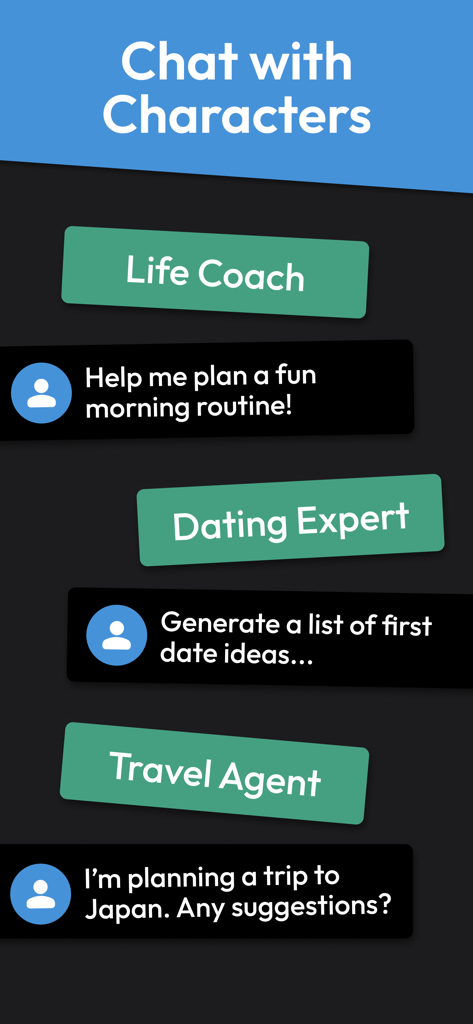 Copy AI: Content Script Writer - Pantalla de la aplicación Copy AI que muestra opciones para chatear con personajes de IA como un Life Coach, Experto en Citas y Agente de Viajes