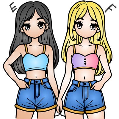 two sisters with crop tops and jean shorts and straight hair