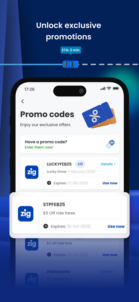 CDG Zig App-Bildschirm mit exklusiven Aktionscodes und Fahrrabatten