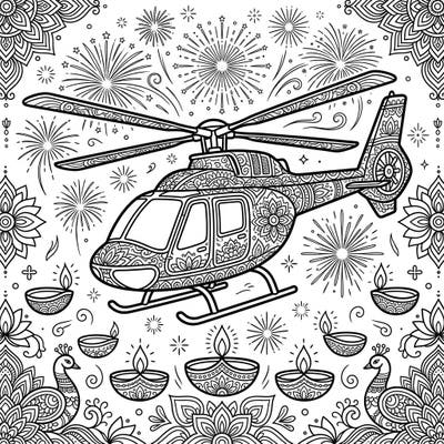 Celebrate the Festival of Lights with a unique twist: a magnificent helicopter adorned with beautiful Diwali patterns. This detailed coloring page brings together excitement and tradition for a truly festive experience.
