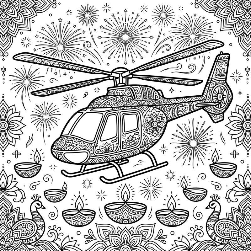 Celebrate the Festival of Lights with a unique twist: a magnificent helicopter adorned with beautiful Diwali patterns. This detailed coloring page brings together excitement and tradition for a truly festive experience.