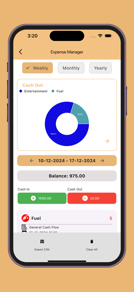 My Expense Manager and Tracker - Weekly expense summary dashboard with cash flow donut chart