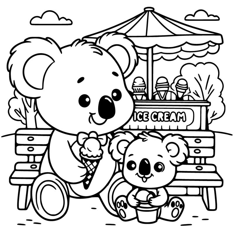 a cute teddy bear and baby koala staged in a park at an ice cream stand
