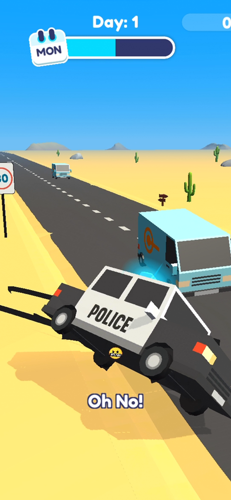Let's Be Cops 3D - A police car flips over on a desert highway with the caption Oh No in the game Let's Be Cops 3D.