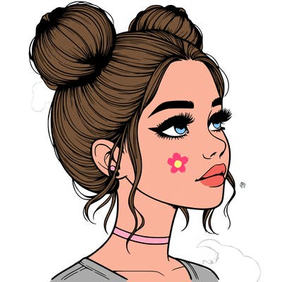 realistic girl with buns on the top of her head