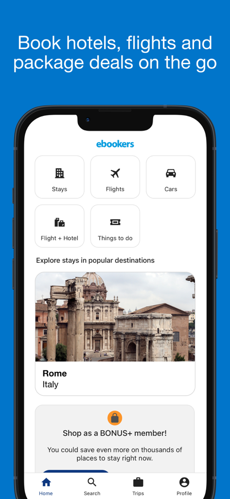 L'écran d'accueil de l'application mobile ebookers proposant des options de réservation d'hôtels, de vols et de voitures
