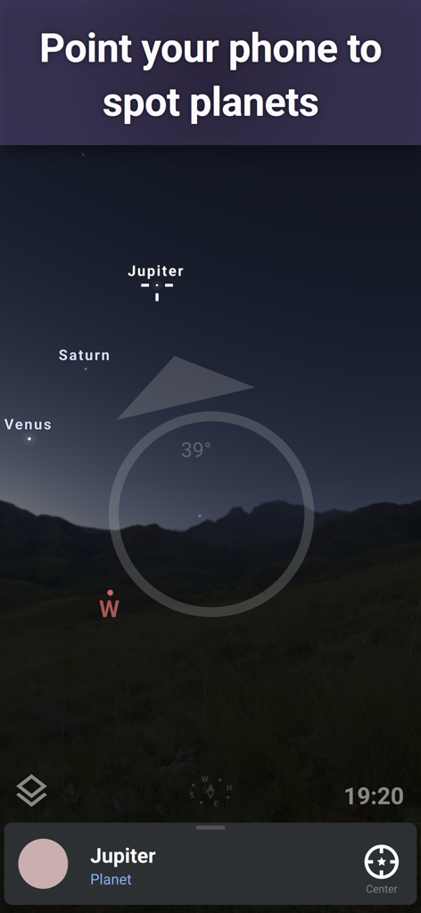 Stellarium Mobile app screen showing labels for Jupiter Saturn and Venus in the night sky over mountains