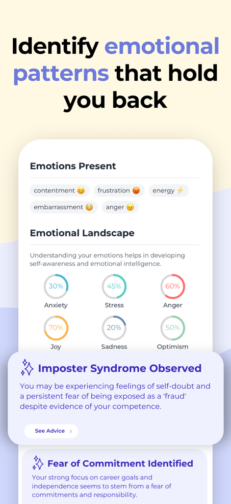 Interfaz de la aplicación Vent Now que muestra un análisis del panorama emocional e información impulsada por IA sobre el síndrome del impostor.