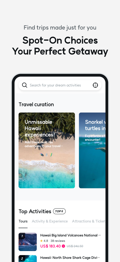 WAUG - Explore MORE. - WAUG app interface showcasing curated travel experiences and top Hawaii activities