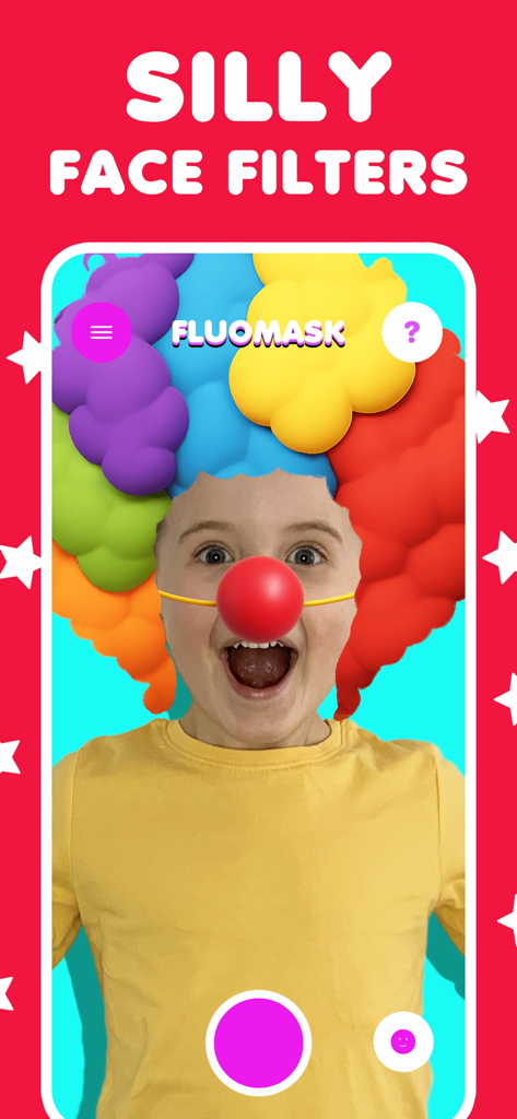 Face filter kids game FluoMask - A child using a colorful clown wig and red nose augmented reality filter in the FluoMask app