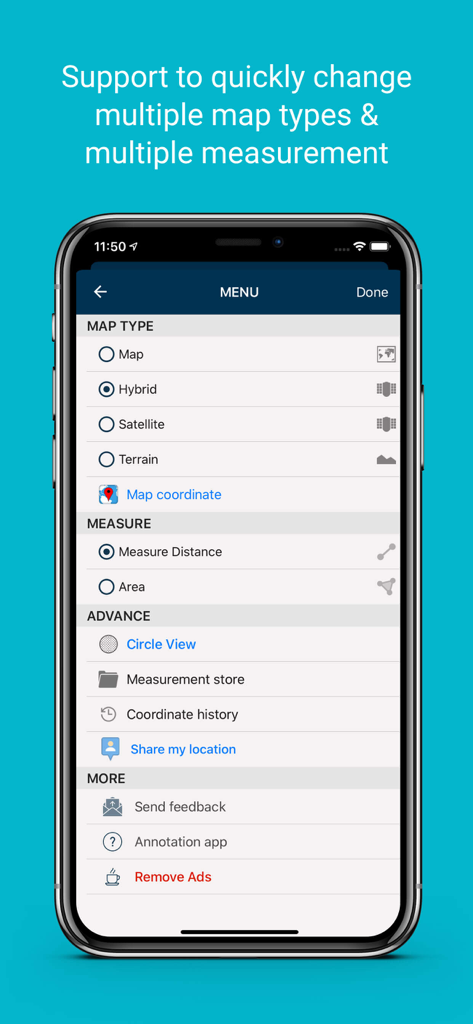 Measure Map app menu screen showing selection for map types like hybrid satellite and terrain and options to measure distance or area