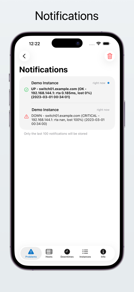 easyNag Monitoring - The easyNag Monitoring app notifications screen showing server status updates on an iPhone.