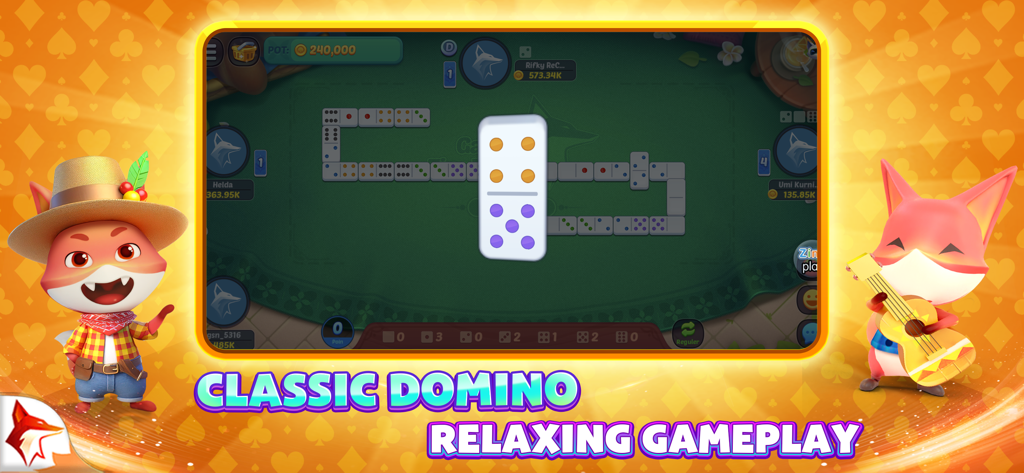 Una captura de pantalla de Domino ZingPlay que muestra la jugabilidad clásica de dominó en una mesa verde con personajes de zorro animados