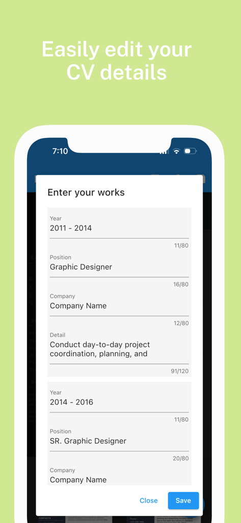 Mobile interface for editing work experience details in the Europass CV Maker app