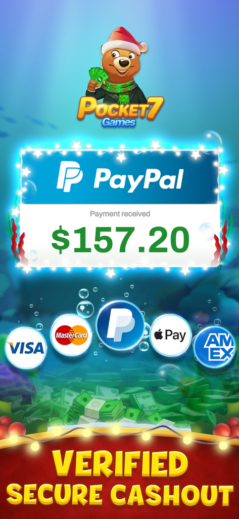 Verified secure cashout screen in Pocket7Games showing a PayPal payment received for 157.20 dollars and logos for Visa, Mastercard, Apple Pay, and American Express.