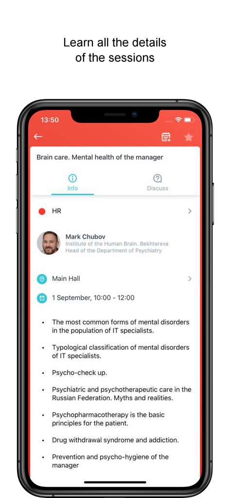 Event.A - Event.Aのモバイルアプリインターフェース、マネージャー向けのメンタルヘルスに関するカンファレンスセッションを表示、スピーカープロフィールとアジェンダポイントを含む